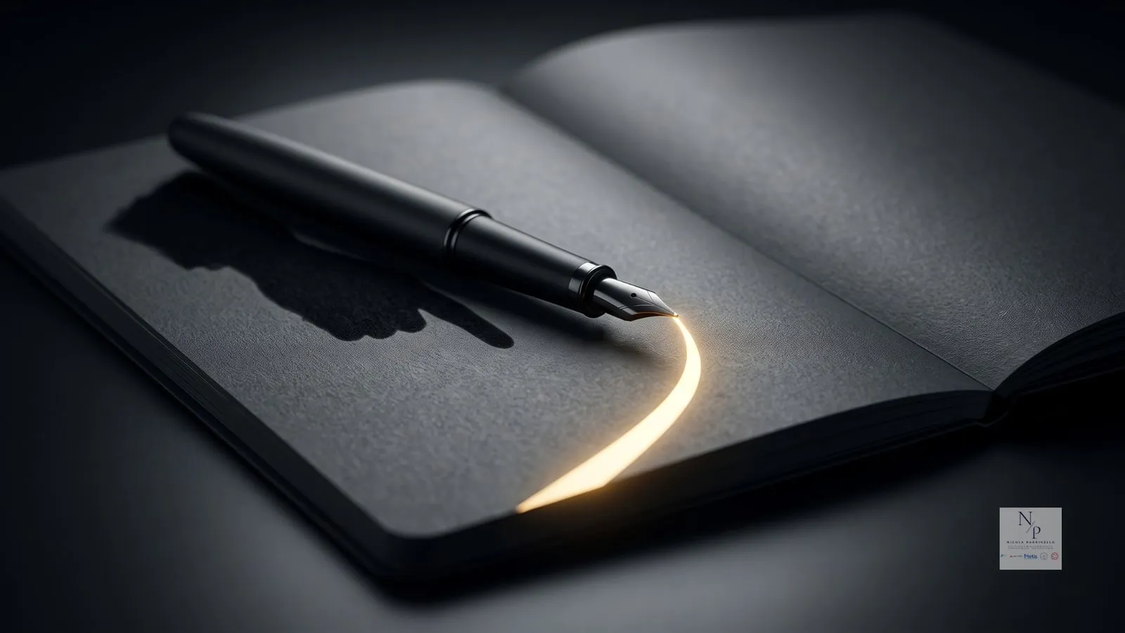 Una penna stilografica appoggiata su un quaderno aperto dalle pagine scure, con un tratto di luce che parte dal pennino