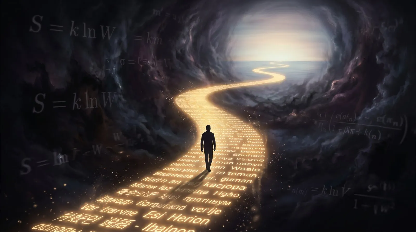 Un uomo di spalle cammina su un sentiero luminoso fatto di parole in molte lingue, che si snoda in una grotta di nubi scure verso il mare e una luce lontana; ai lati, sospese nel buio, formule matematiche tra cui S = k ln W