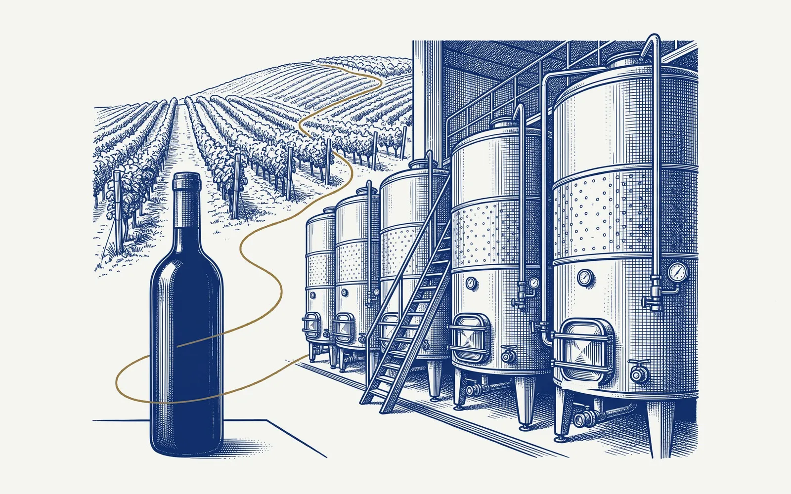 In primo piano una bottiglia di vino senza etichetta; dietro, una fila di serbatoi d’acciaio con una scaletta e, sulla collina, i filari di una vigna, uniti da un sottile filo dorato.