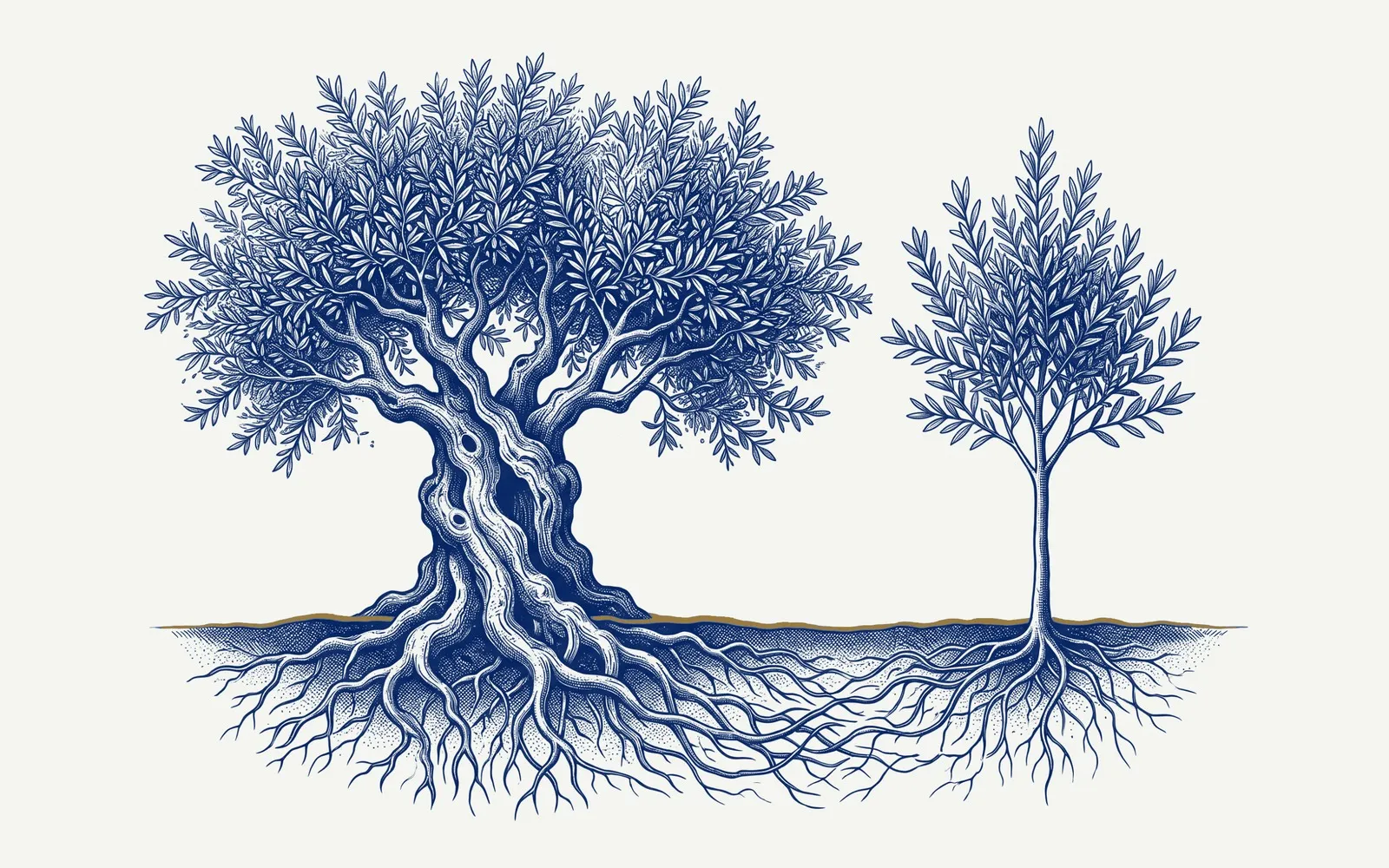 Un ulivo antico dal tronco contorto e un ulivo giovane crescono nella stessa terra, e sotto il suolo le loro radici si intrecciano in un unico disegno.