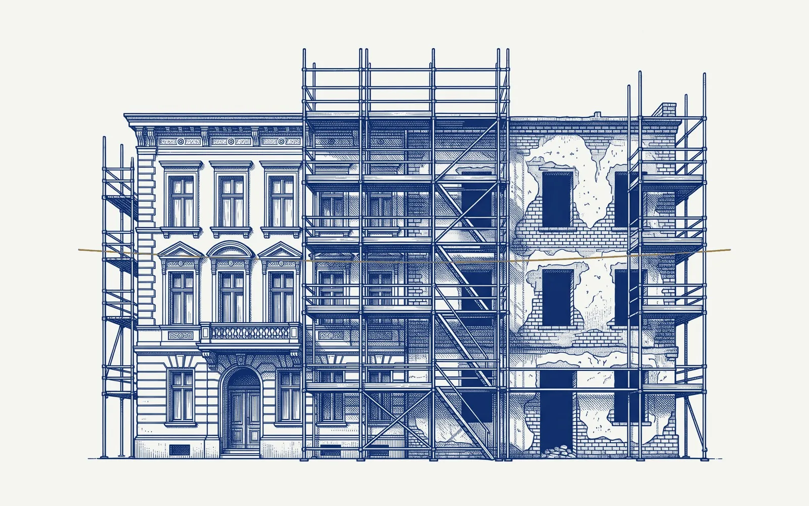 Facciata di una palazzina in riqualificazione con un ponteggio: a sinistra la parte già restaurata, a destra il muro ancora grezzo, attraversati da un sottile filo dorato.
