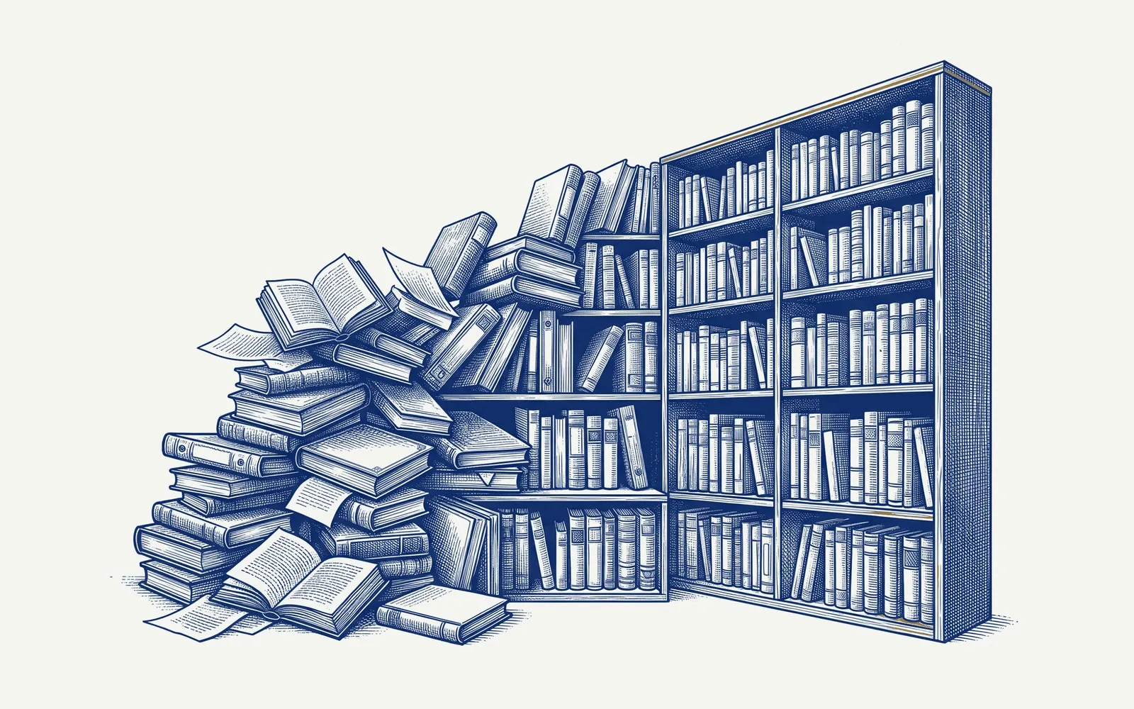 Una pila disordinata di libri e cartelline che, verso destra, si ricompone in scaffali ordinati.
