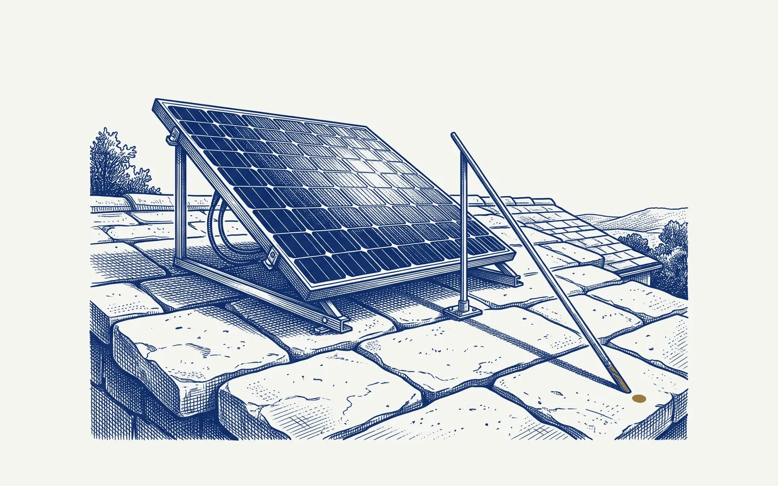 Un pannello fotovoltaico su un tetto di pietra chiara; un’asta proietta un’ombra che segna l’ora come una meridiana.