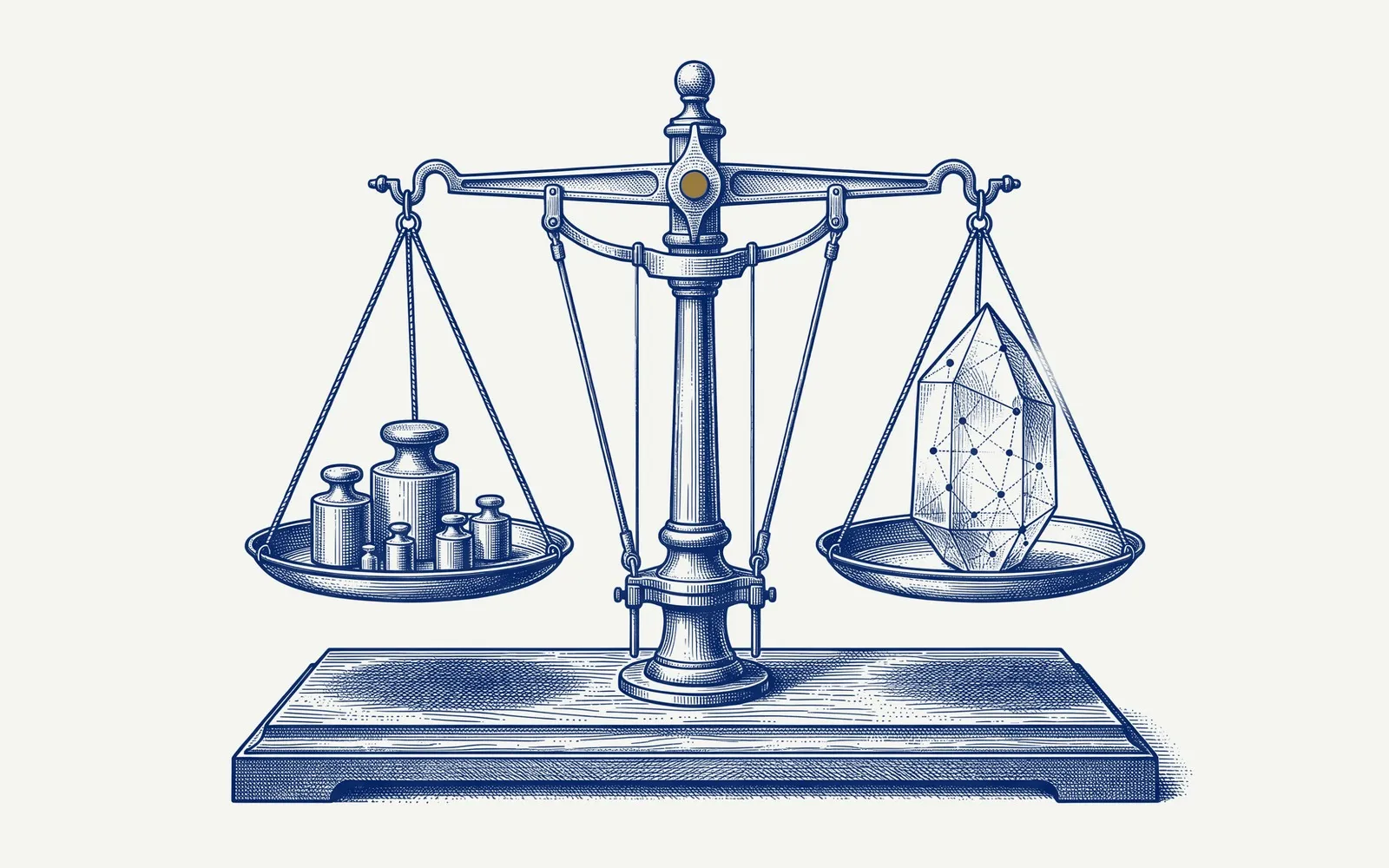 Una bilancia di precisione d’epoca in equilibrio: su un piatto pesi di metallo, sull’altro un cristallo trasparente attraversato da una rete di punti collegati.